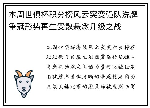 本周世俱杯积分榜风云突变强队洗牌争冠形势再生变数悬念升级之战 本周世俱杯积分榜风云突变强队洗牌争冠形势再生变数悬念升级之战